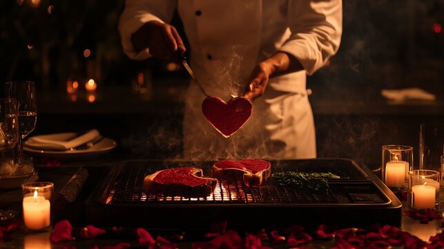 Restaurant grill station during a Valentine's Day dinner with a chef grilling heart shaped steaks and fresh veggies surrounded by romantic candlelight and rose petals on the table