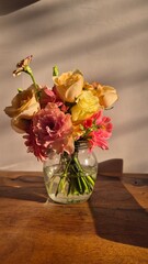 Beautiful fresh pastel sunset colours bouquet. summer flowers. Floral decor. Ikebana