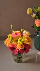 Beautiful fresh pastel sunset colours bouquet. summer flowers. Floral decor. Ikebana