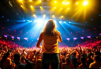 Dynamic back view of a pop star on stage, captivating a sold-out arena during a music contest Bright stage lights illuminate the performer and excited concert-goers,  musical act,  light show