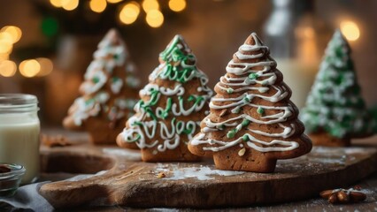 Festive Christmas Tree Gingerbread Cookies on Wooden Board with Milk and Nuts, Cozy Holiday Scene with Decorative Lighting.