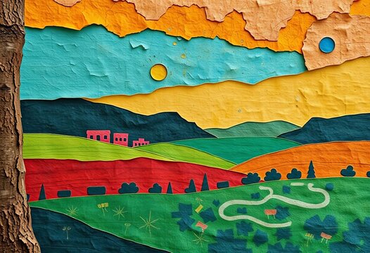 Textured amate bark paper collage, abstract landscape ,  collage,   sustainable