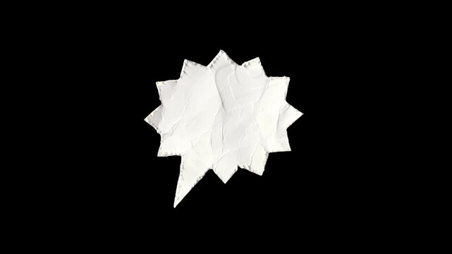 White starburst speech bubble animation with crumpled paper texture on black background for comic book style exclamations or retail sales promotion announcements.
