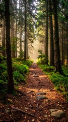 Obraz premium A sunlit, dirt path winds into a deep forest, with tall trees on either side and light beams filtering through the canopy