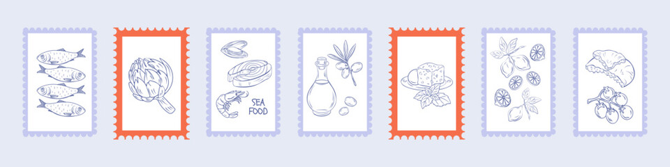 Hand drawn Italian postcard stamp illustration set featuring Mediterranean food, seafood, olive oil, cheese, artichoke, lemon, bread. Drawing ink. Vintage travel style art for cuisine, menu, tourism 