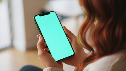 Hand holding mobile smartphone with blank green screen chroma key for mockup over shoulder view of woman with red hair in bright living room for online course lesson app display

