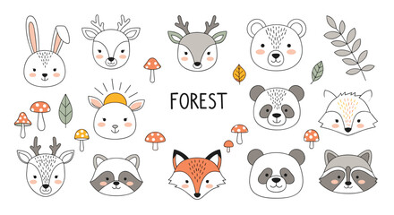 Fototapeta premium A large collection of cute, hand-drawn style forest animal faces including a fox, bear, deer, panda, and raccoon with mushrooms.