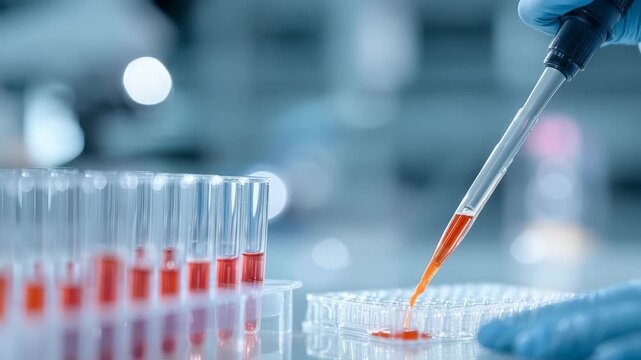 Close up of laboratory technician handling pipette and test tubes during scientific experiment in a high tech lab. Cutting edge research and pharmaceutical development in progress