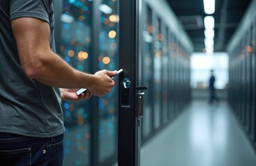 Man uses smartphone to open door in modern datacenter with rows of servers. IT professional accesses secure facility using mobile device. Tech worker walks through server room hallway.