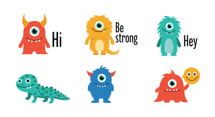 Obraz premium Adorable collection of six friendly and colorful monster characters with funny expressions and greetings like 'Hi' and 'Hey'.