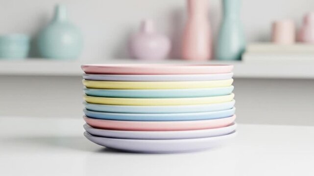 A neat stack of pastel-colored plates on a white table, with blurred decorative items in background