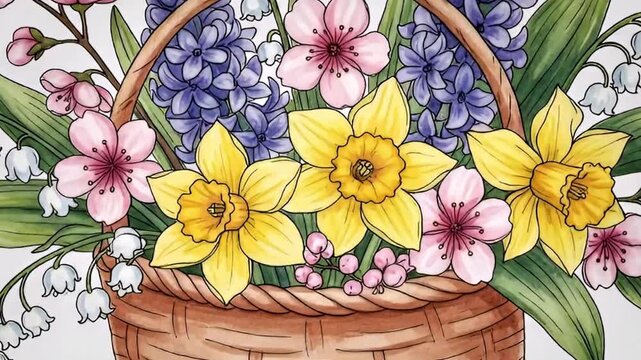 This vibrant, animated illustration showcases a charming wicker basket overflowing with a diverse and colorful assortment of beautiful spring blossoms. Bright yellow daffodils, delicate pink cherry tr
