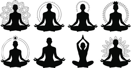 Silhouettes of Meditating Figures in Various Yoga Poses