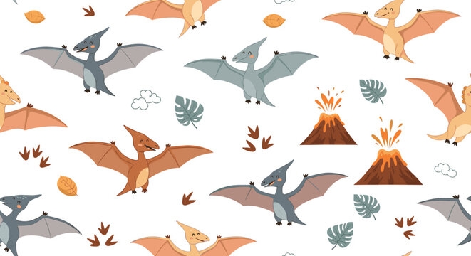 Seamless pattern for children featuring cute cartoon pterodactyl dinosaurs flying around erupting volcanoes and tropical leaves.
