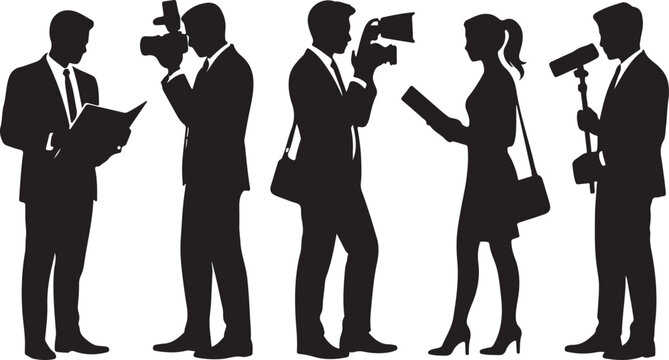 Silhouettes of journalists working in a newsroom setting