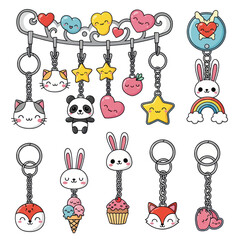 Collection of Cute Kawaii Keychains with Animals and Sweet Treats.