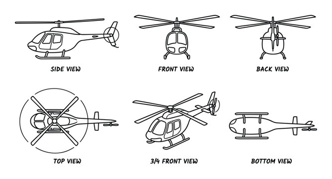 Helicopter Views: Side, Front, Back, Top, 3/4 Front, and Bottom Views Outlined