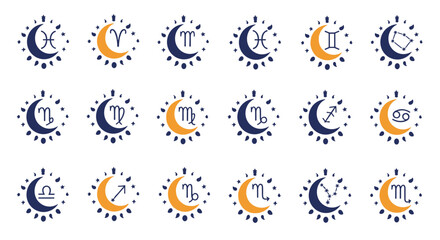 Complete set of all twelve zodiac signs presented in a celestial style with moons, suns, and stars, perfect for astrology fans.