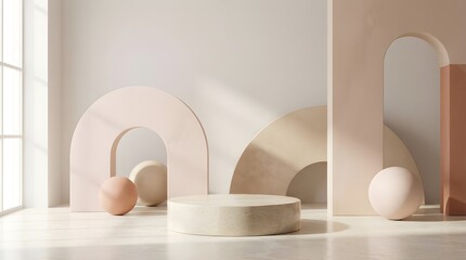 Minimalist Design with Abstract Shapes: An artistic display showcasing soft pastel shades and geometric shapes, creating a serene ambiance suitable for product presentation. 