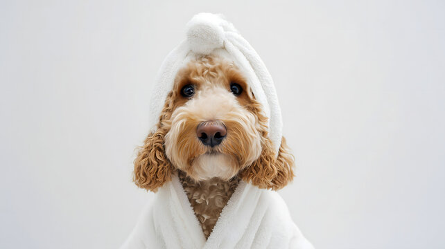 Cute dog in fluffy white bathrobe after bath spa grooming. Portrait of charming golden Cockapoo in towel, pet care, wellness, funny animal, adorable puppy look.