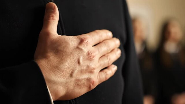 Hand over heart, group of people in background, pledge