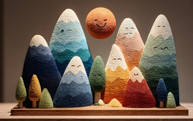 Cheerful colorful landscape of smiling volcanic mountains and sun made from textured foam material with playful expressions