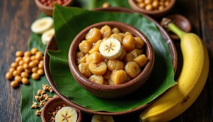 Cambodian dessert Num Ansom in clay bowl. Cooked rice pieces with banana, mung beans, served on banana leaf. Whole banana, nuts, seeds arranged around. Authentic tropical food preparation.