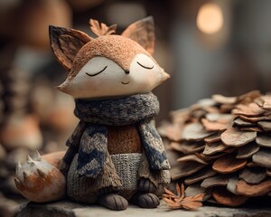 Adorable handmade fabric fox figurine with closed eyes wea a scarf surrounded by autumn leaves and wood chips in cozy setting