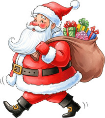 Santa claus carrying a large bag of gifts isolated on transparent background