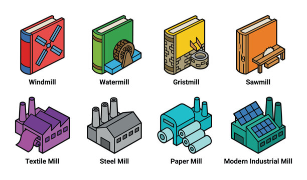 Isometric Illustrations of Mill Types Windmill Watermill Gristmill Sawmill Textile Steel Paper Modern Industrial Mill