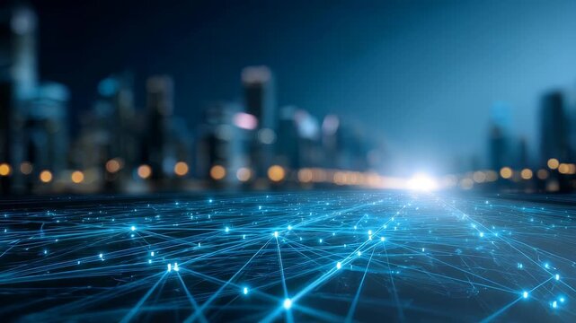 Vibrant web interconnected digital nodes stretches across foreground, merging seamlessly with urban skyline. This captures essence modern communication, technological progress