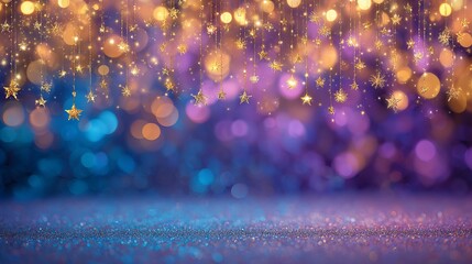Festive colorful bokeh background with hanging fairy lights, sparkling glitter and blue purple gradient, magical celebration mood.