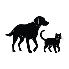Black silhouette icon of a dog and cat walking side by side
