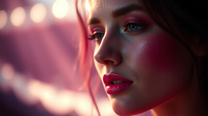  A pink shiny color graces the makeup, rendered with soft focus and a hazy background 
