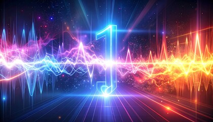 A vibrant digital artwork featuring a glowing number "1" at center, overlaid with colorful sound wave visualizations