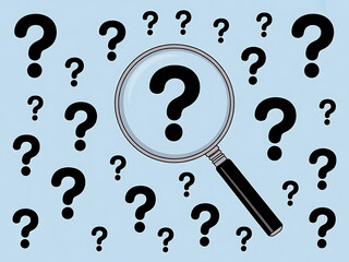 A magnifying glass focusing on a specific question mark within a field of many similar symbols