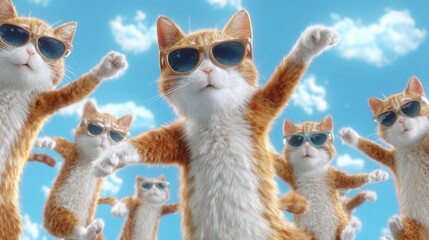 A group of excited cats in sunglasses moves rhythmically creating a fun and lively scene outdoors.