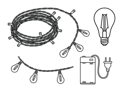 Line art of string lights, light bulb, and battery pack with plug vector illustration