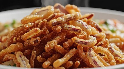 A closeup shot showcasing a generous pile of crispy goldenbrown fried small fish or calamari perfectly seasoned and ready to be enjoyed as a delicious appetizer or snack highlighting the crunchy text.