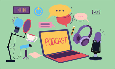 Headphones, microphone, laptop, speech bubbles vector illustration. Podcast on recording , broadcasting, online radio, audio streaming service Concept, Hand drawn Vector isolate
