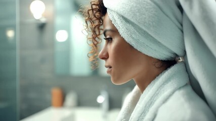 Confident female enjoys a peaceful moment after showering, wrapped in a white towel with a serene expression. Contemporary bathroom setting highlights wellness and daily beauty rituals