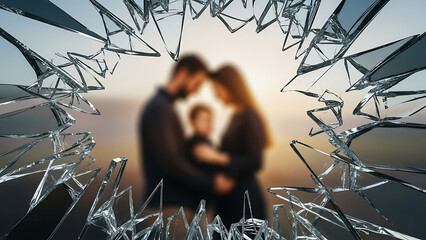 Broken Glass Fragmentation Encircles a Blurred Family, Symbolizing Deep Emotional Strain and Marital Distress
