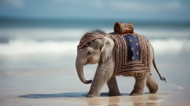 Young elephant walks along the shore with decorative saddle on sunny day