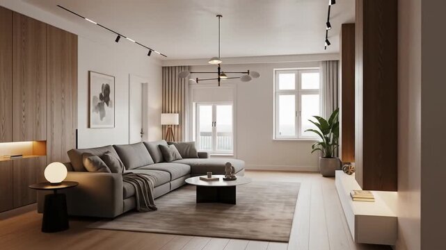 Spacious modern living room with large L-shaped sofa, wood walls, subtle lighting, plant