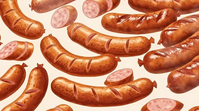 This video features an appetizing, seamless looping pattern of various cooked sausages displayed against a light, neutral background. The composition showcases both whole, golden-brown sausages, some 