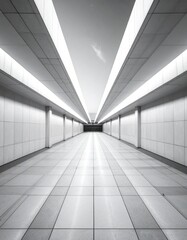 A modern architectural corridor featuring sleek lines and clean design, creating a sense of depth and perspective.