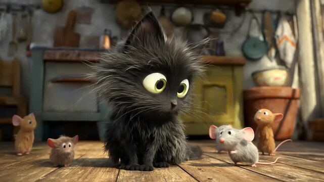 Animated black cat and mice in a detailed interior setting