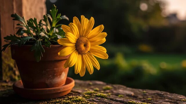 Yellow daisy in terracotta pot on mossy surface, outdoor background