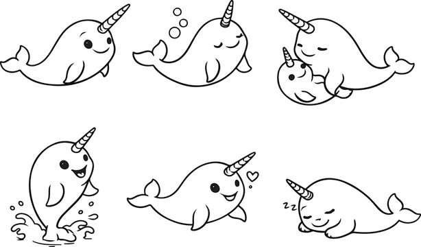 Cute cartoon narwhal characters in various poses and emotions, perfect for coloring books