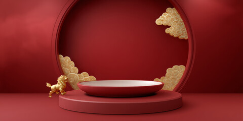 Elegant Red and Gold Display with Circular Frame and Decorative Clouds for Festive or Cultural Themes